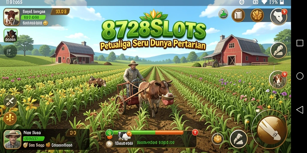 Screenshot 8728SLOTS menampilkan petak pertanian yang subur dengan tanaman dan hewan.
