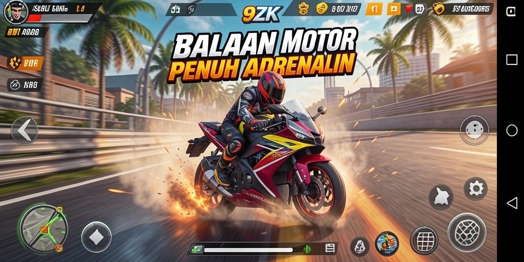 Gameplay seru balapan motor di 9ZK dengan lintasan menantang.