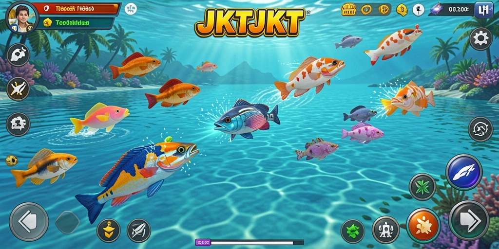 Screenshot gameplay JKTJKT menampilkan aktivitas Tembak Ikan yang seru.