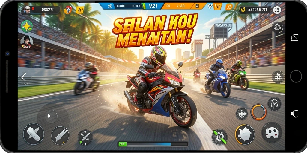 Tampilan seru dari gameplay balapan motor V21 yang menantang.